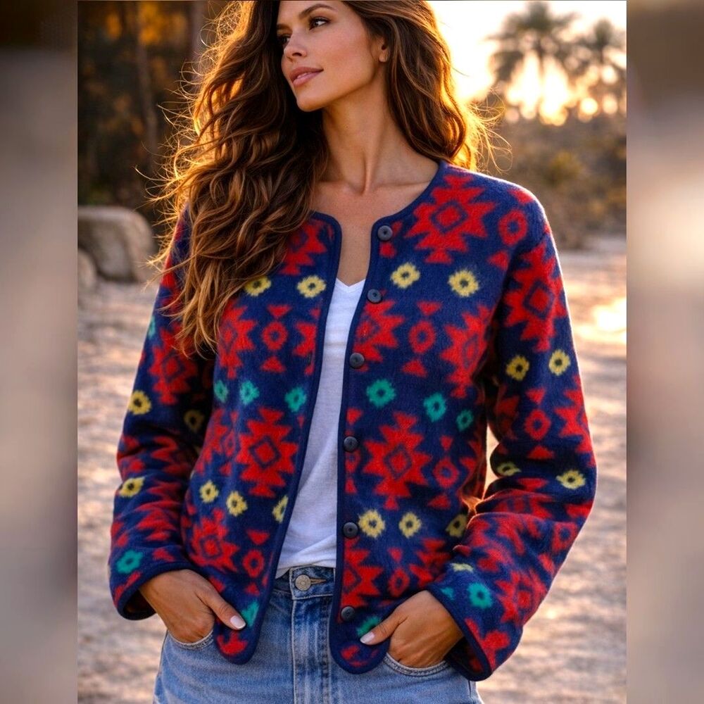 Aztec Vtg David Wayne Fleece Jacket M Geometric Print 80s 90s Southwestern Style